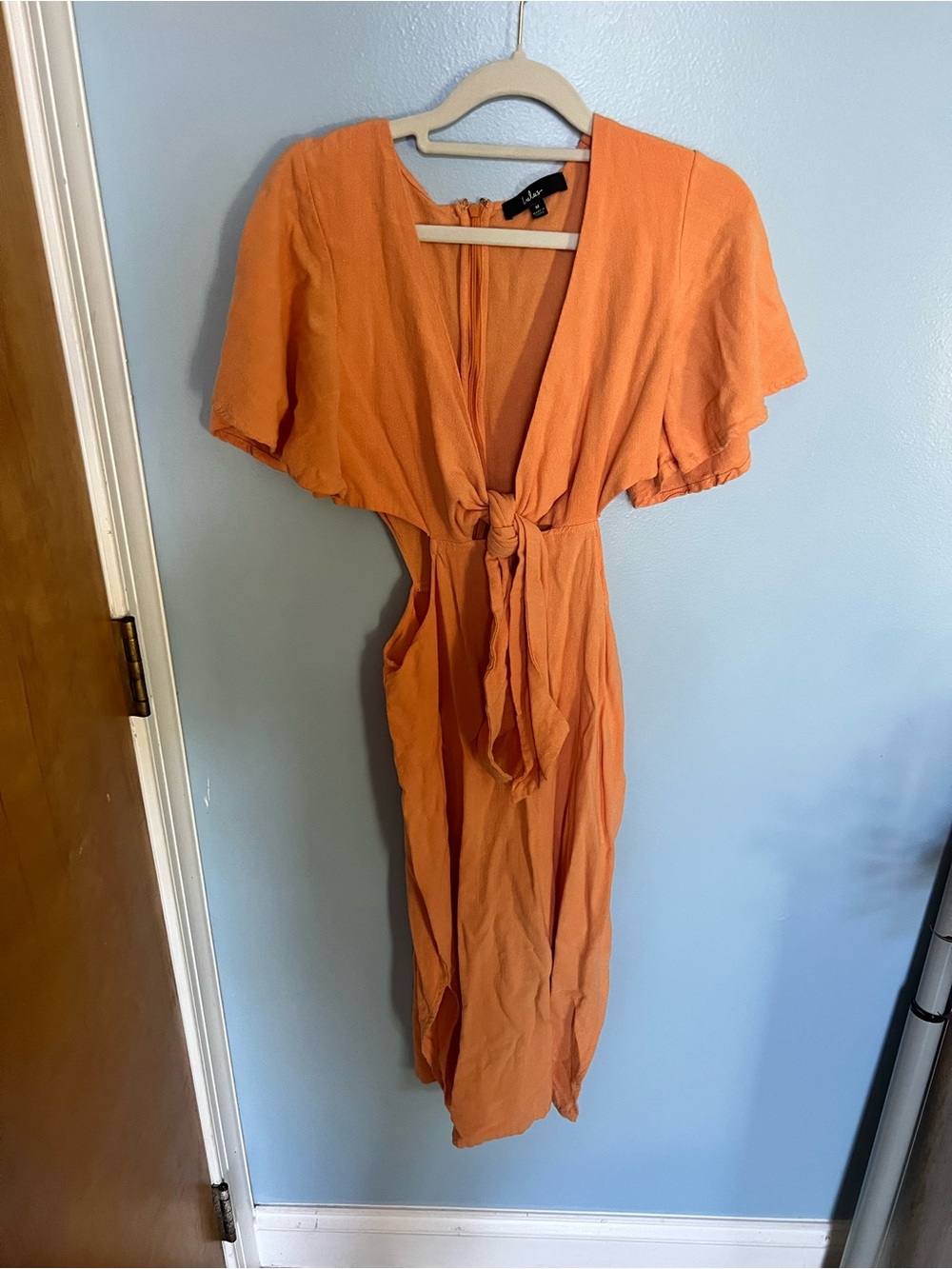 Lulu's Orange Cut Out Midi Dress with Flutter Sleeves